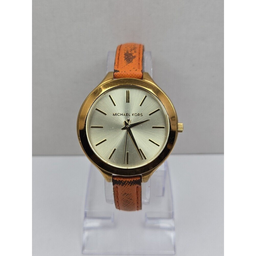 Michael Kors MK2275 Slim Runway Gold Tone Orange Leather Watch New Battery Women